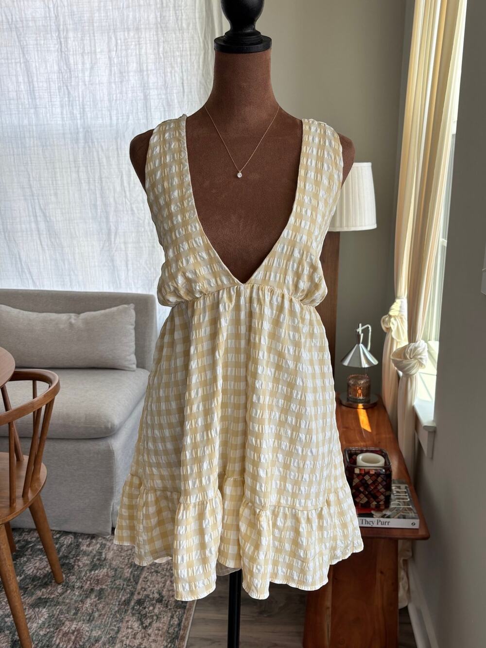PrettyLittleThing Yellow Gingham Plunging Romper Skort Ruffle Preppy Summer US 6